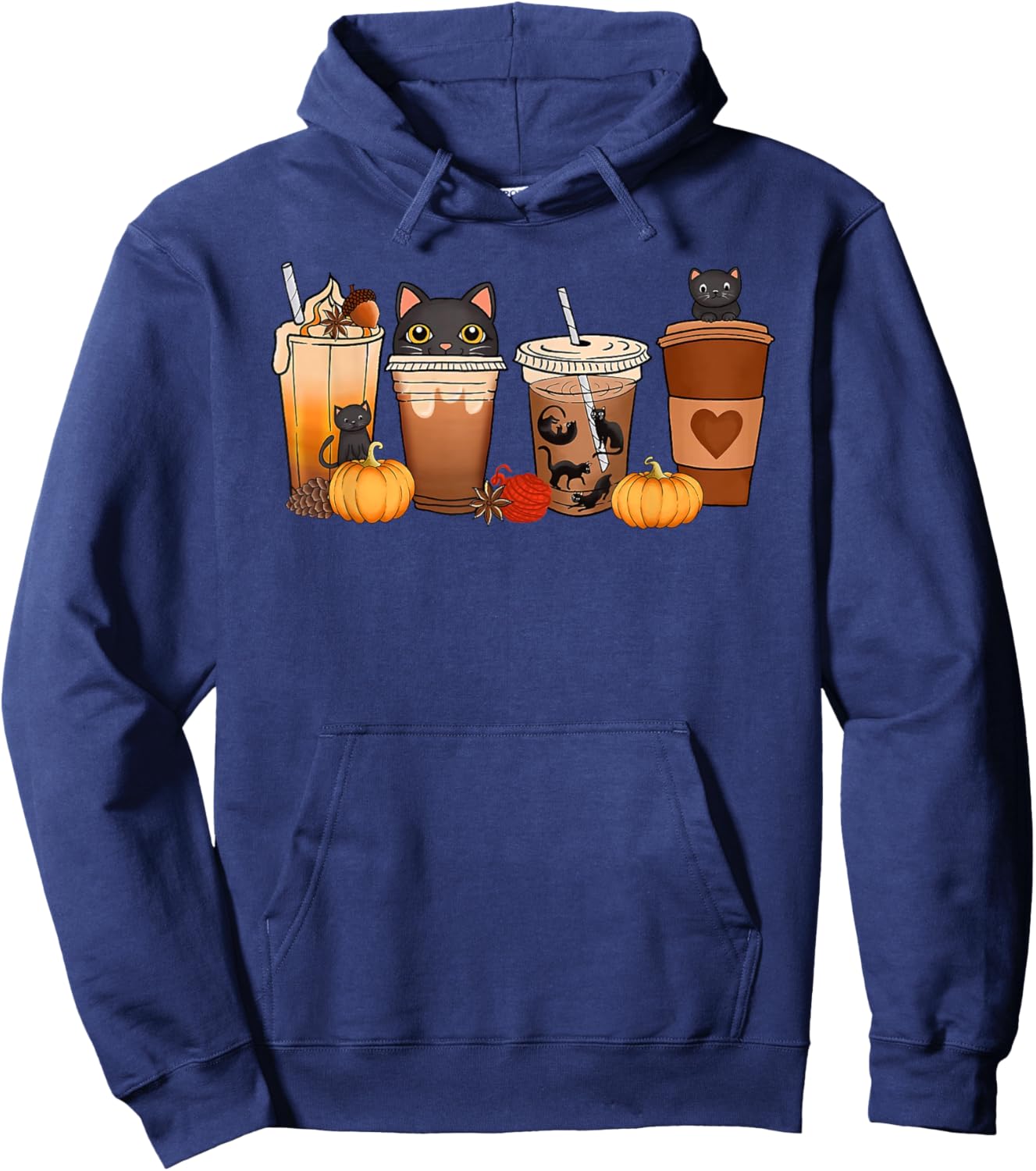 Black Cat Halloween Iced Coffee Cups Fall Pumpkin Kitten Women Kids Hoodie - Hoodie | Navy