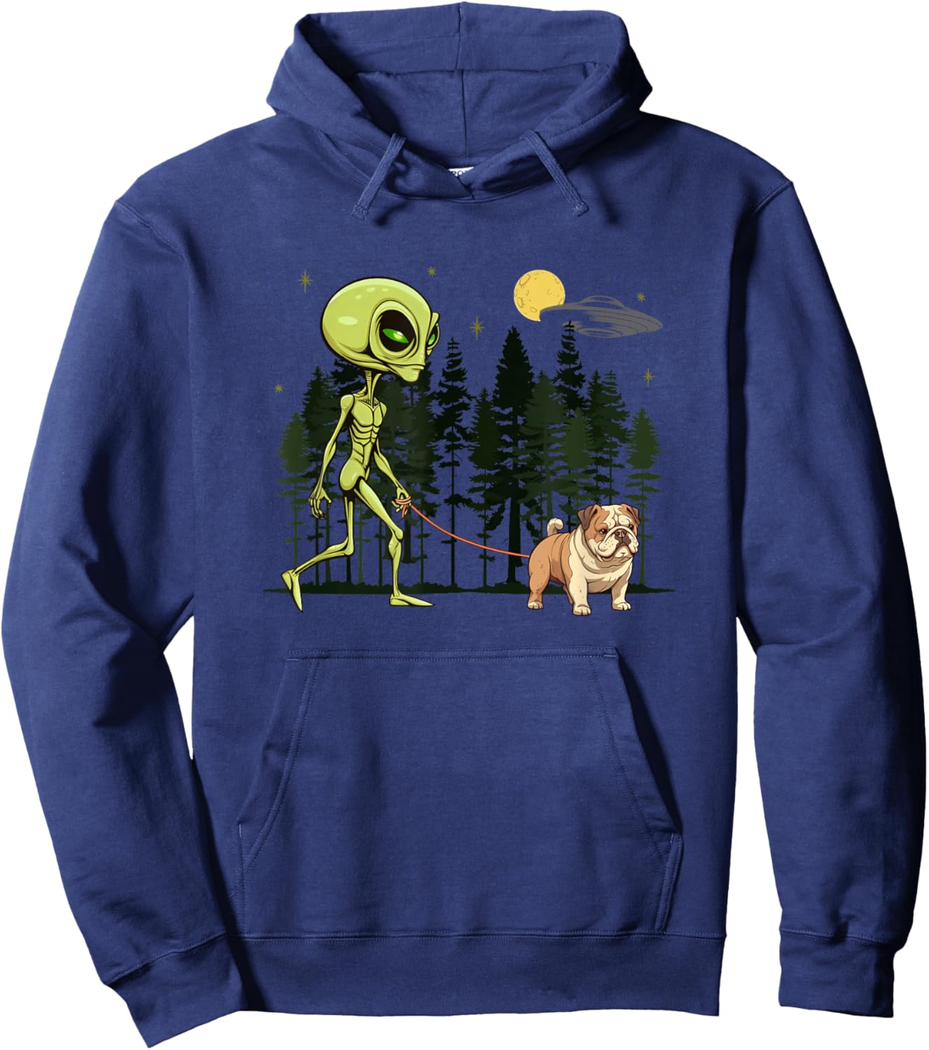 Funny English Bulldog Alien Walking UFO Pet Dog Mom Dad Hoodie - Hoodie | Navy