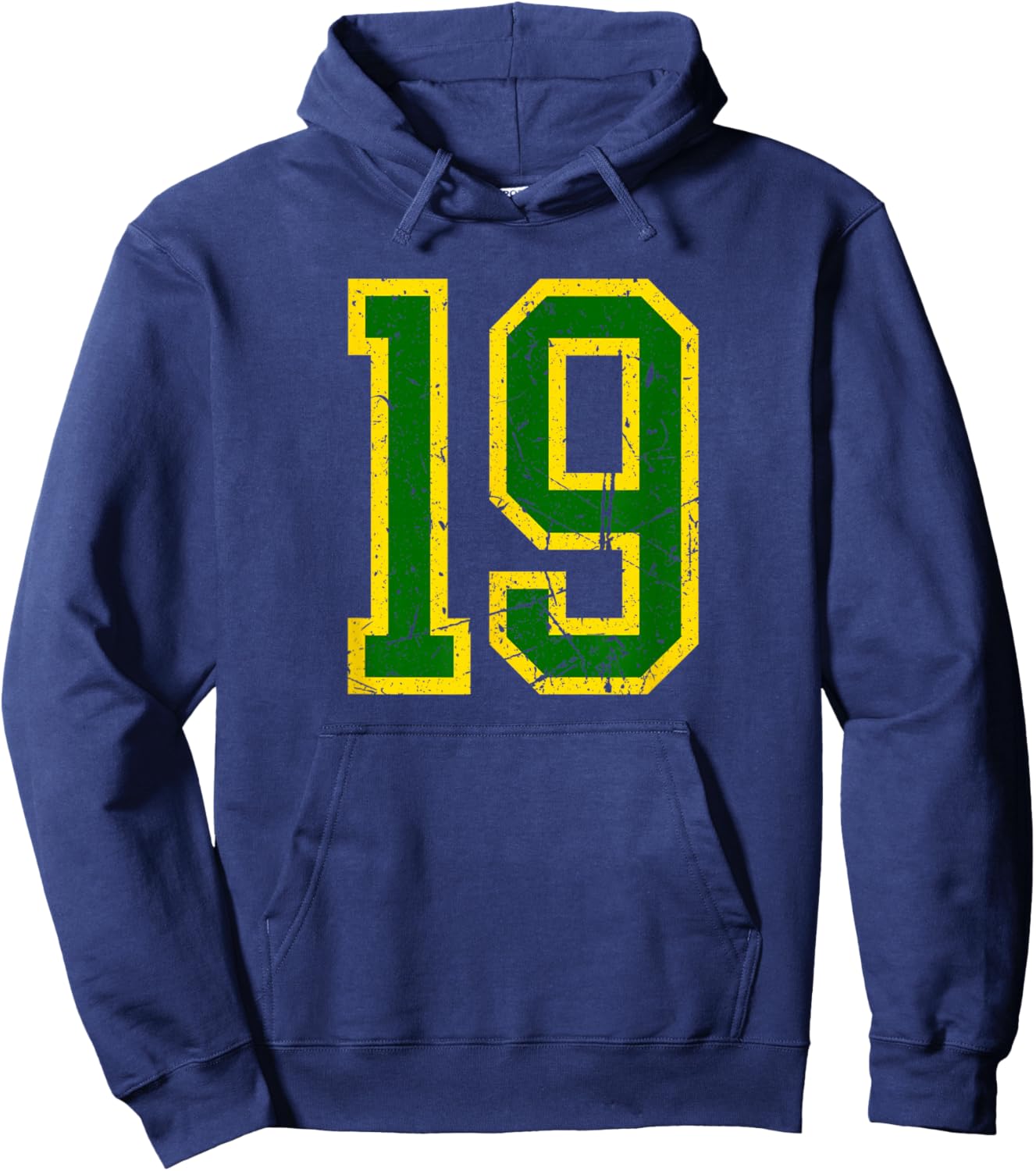 Distressed Green Yellow Sports Team Number 19 Hoodie - Hoodie | Navy