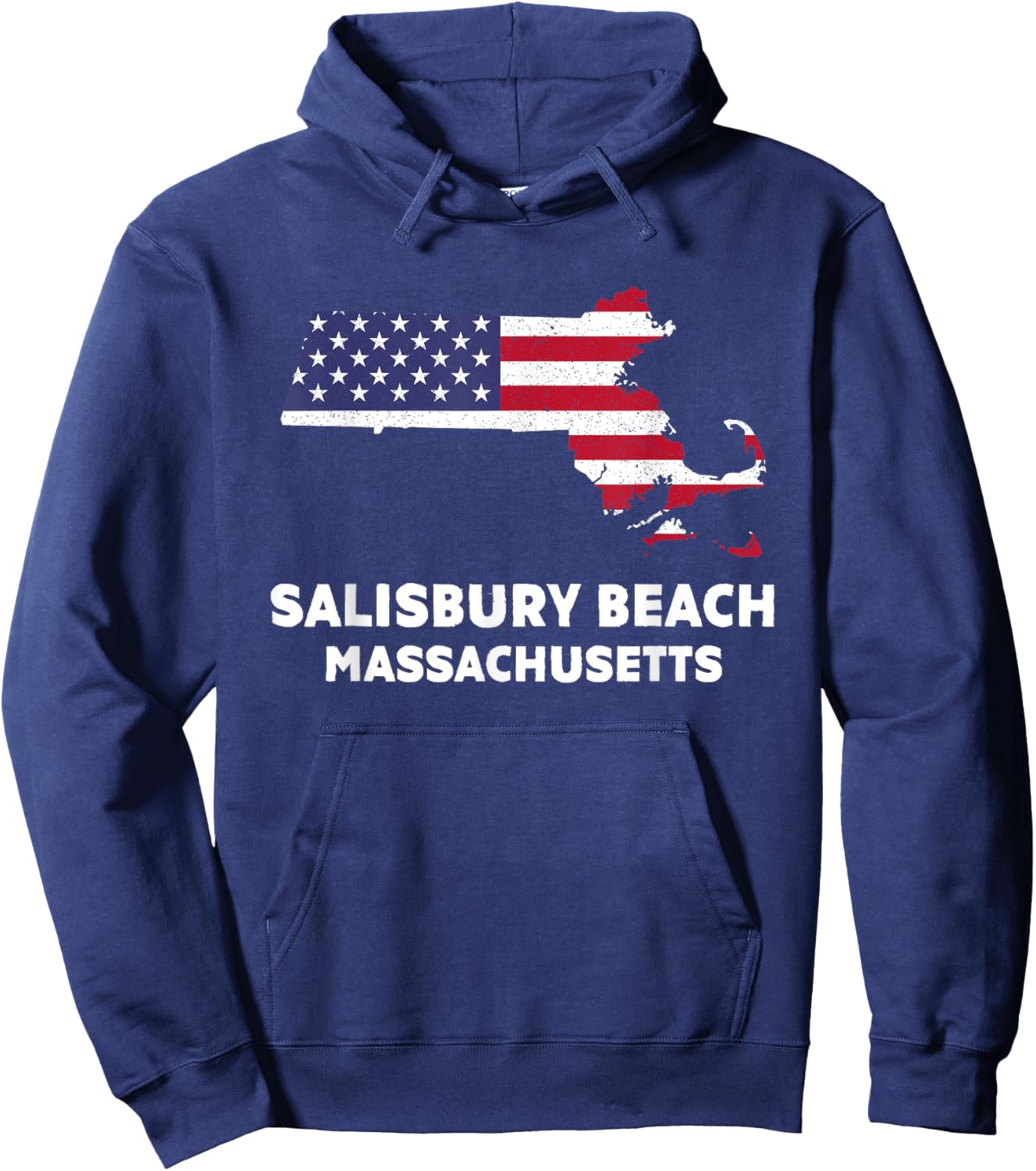 Distressed Patriotic USA Flag Salisbury Beach, MA Women Men Hoodie - Hoodie | Navy