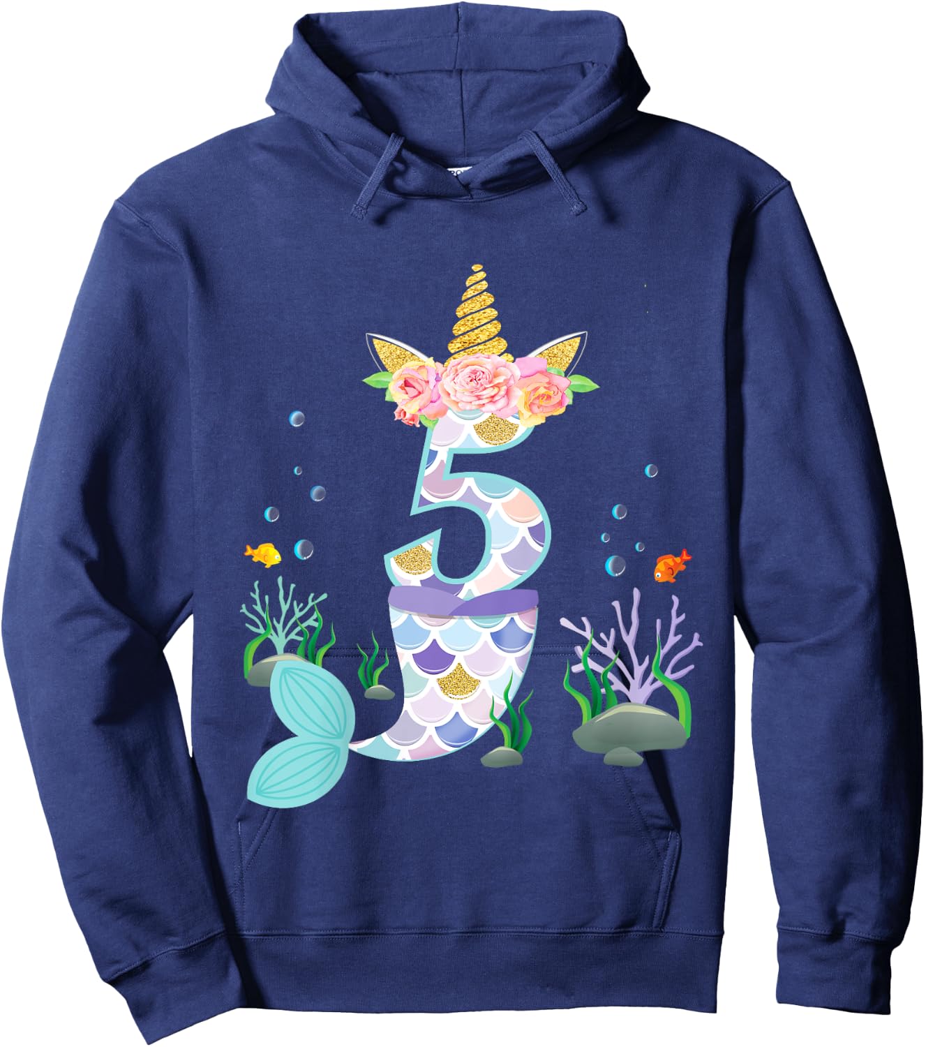 5 Year Old Unicorn Mermaid Birthday Theme Tail Girl 5th Gift Hoodie - Hoodie | Navy
