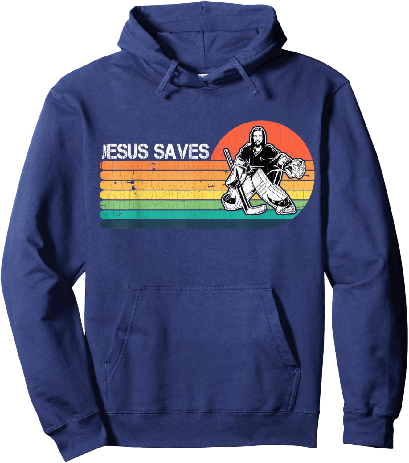 Vintage Retro Sunset Jesus Saves Hockey Player Jesus Lover Hoodie - Hoodie | Navy