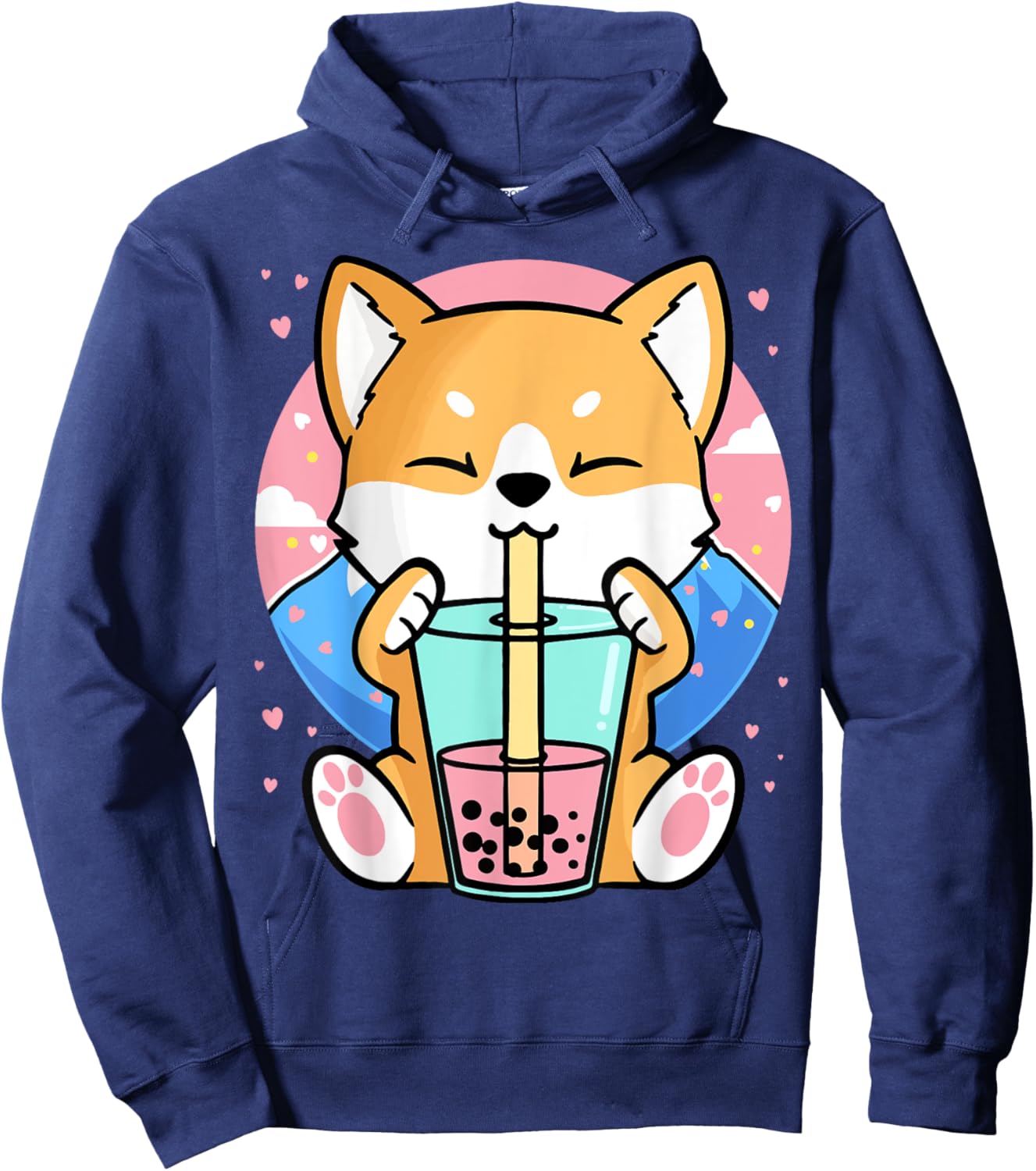 Kawaii Corgi Dog Bubble Tea Boba Anime Neko Japanese Women Girls Kids Hoodie - Hoodie | Navy