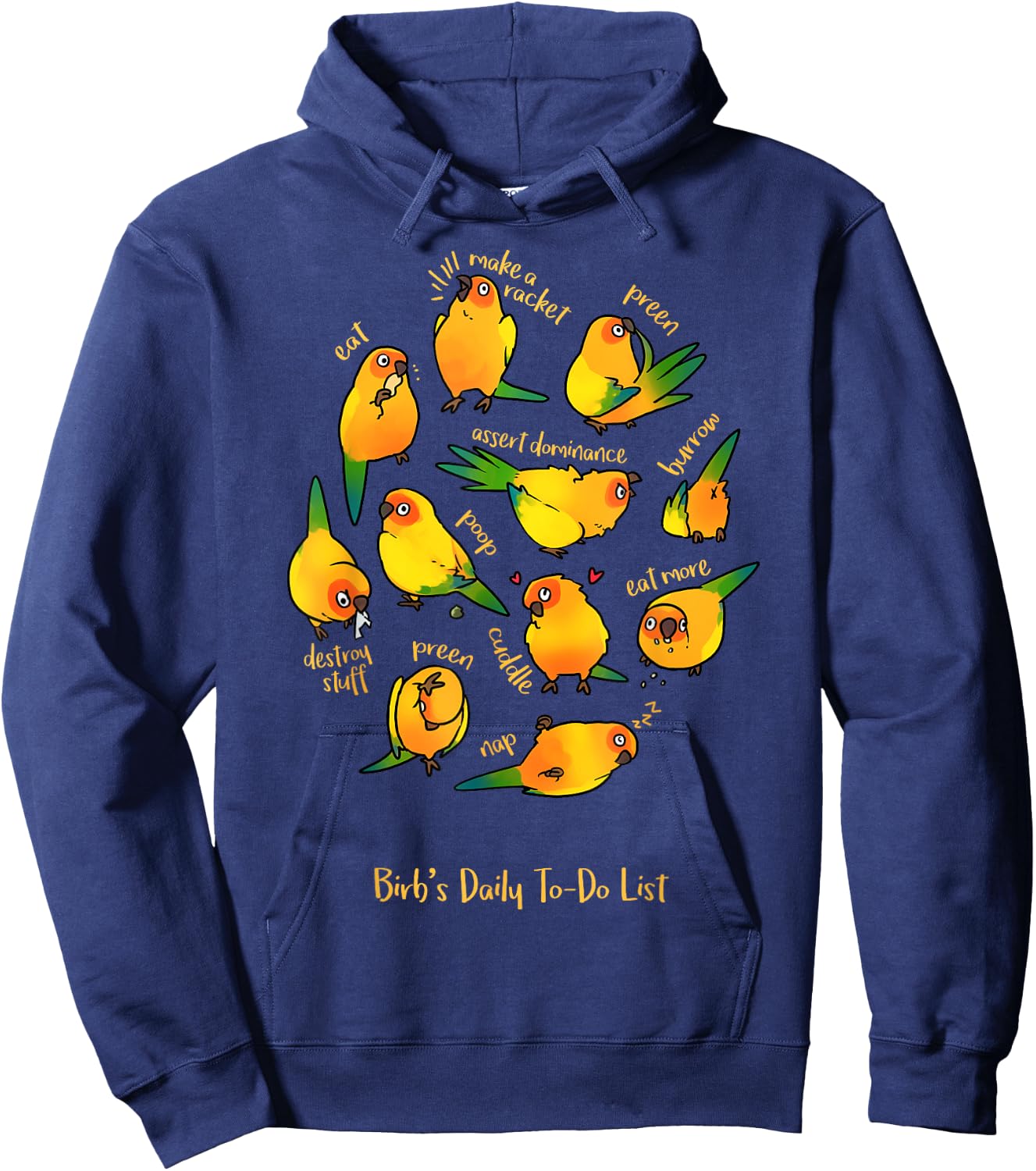 Birbber Sun Conure's Daily To-Do List - Kids Adults Black Cotton Short Sleeve Hoodie - Hoodie | Navy