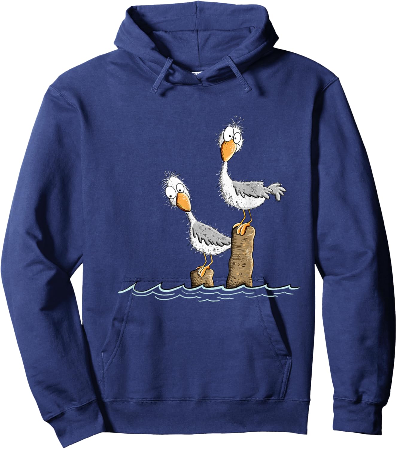 Funny Gulls on the Wharf Design Cartoon Sea Bird , Black, S Hoodie - Hoodie | Navy