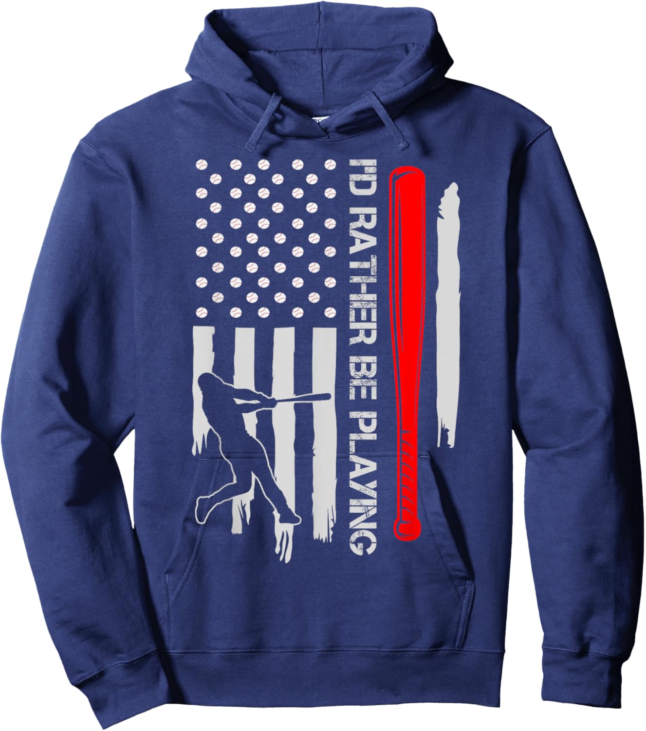 Vintage USA Flag Baseball Player, I'd Rather Be Playing Women Kids Men Hoodie - Hoodie | Navy