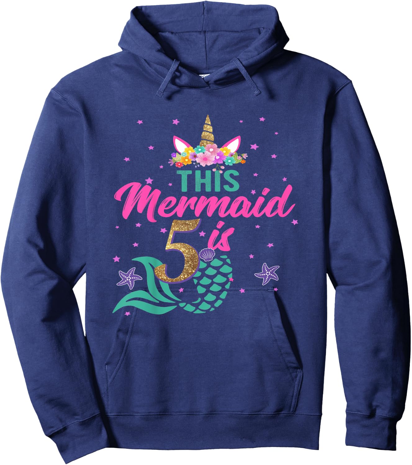 5th Birthday Girl Unicorn Shirt Mermaid Tail 5 Years Old Hoodie - Hoodie | Navy