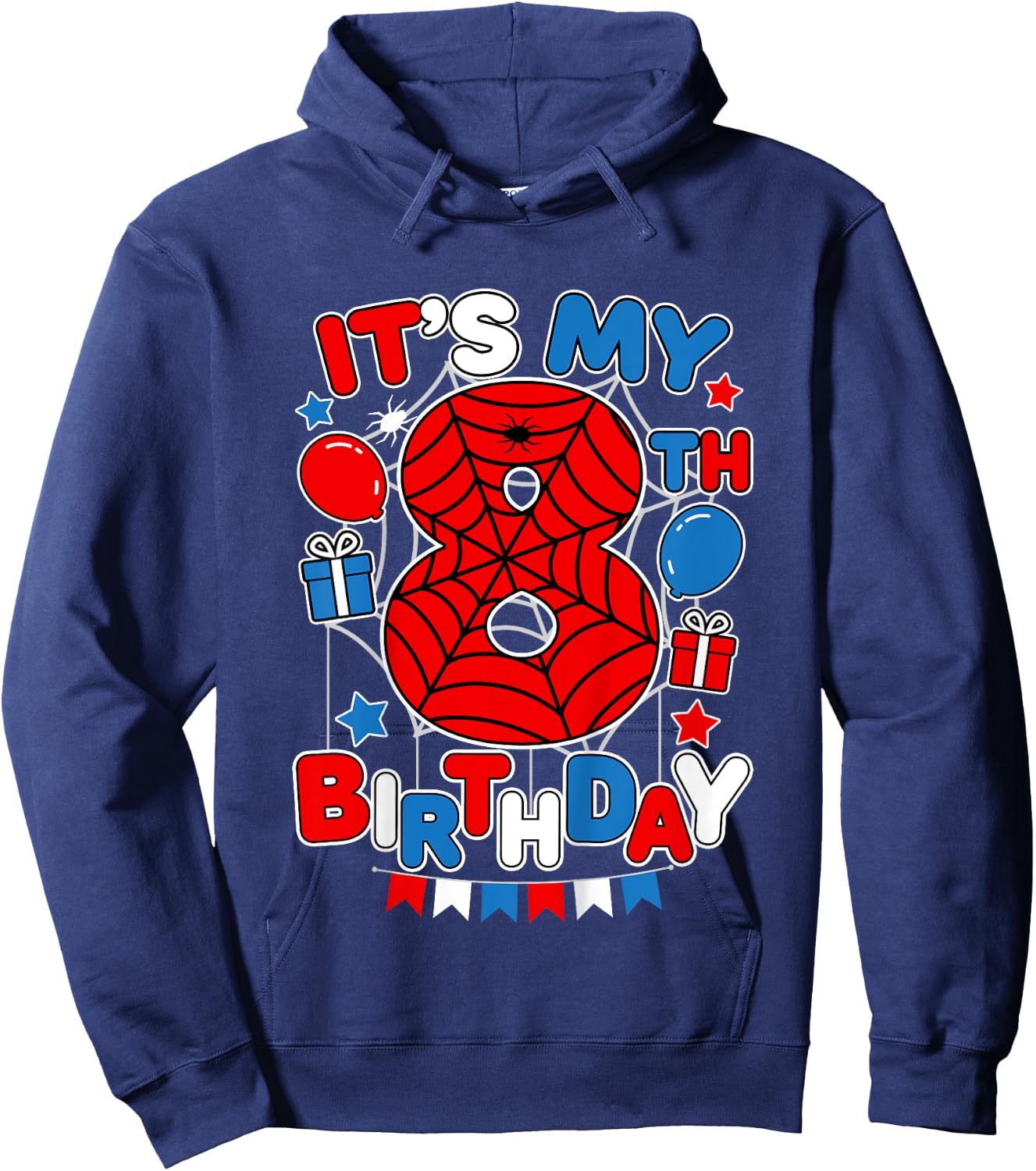 Kids It's My 8th Birthday Spider Theme Party 8 Year Old Boys Kids Hoodie - Hoodie | Navy