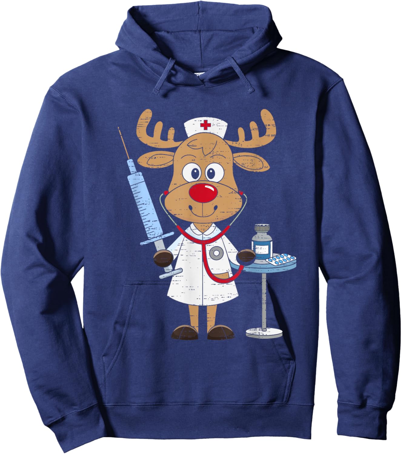 Reindeer Nurse Scrub Tops Christmas Stethoscope Nursing Xmas Hoodie - Hoodie | Navy