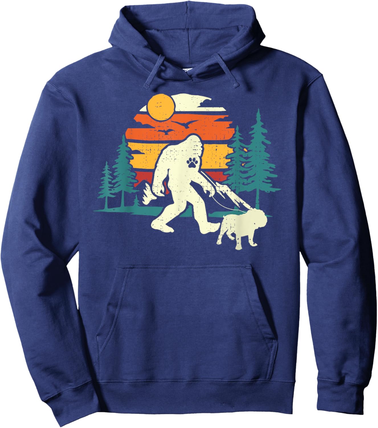 Retro Bigfoot Walking English Bulldog Dog Walker Sasquatch Men Women Girls Kids Hoodie - Hoodie | Navy