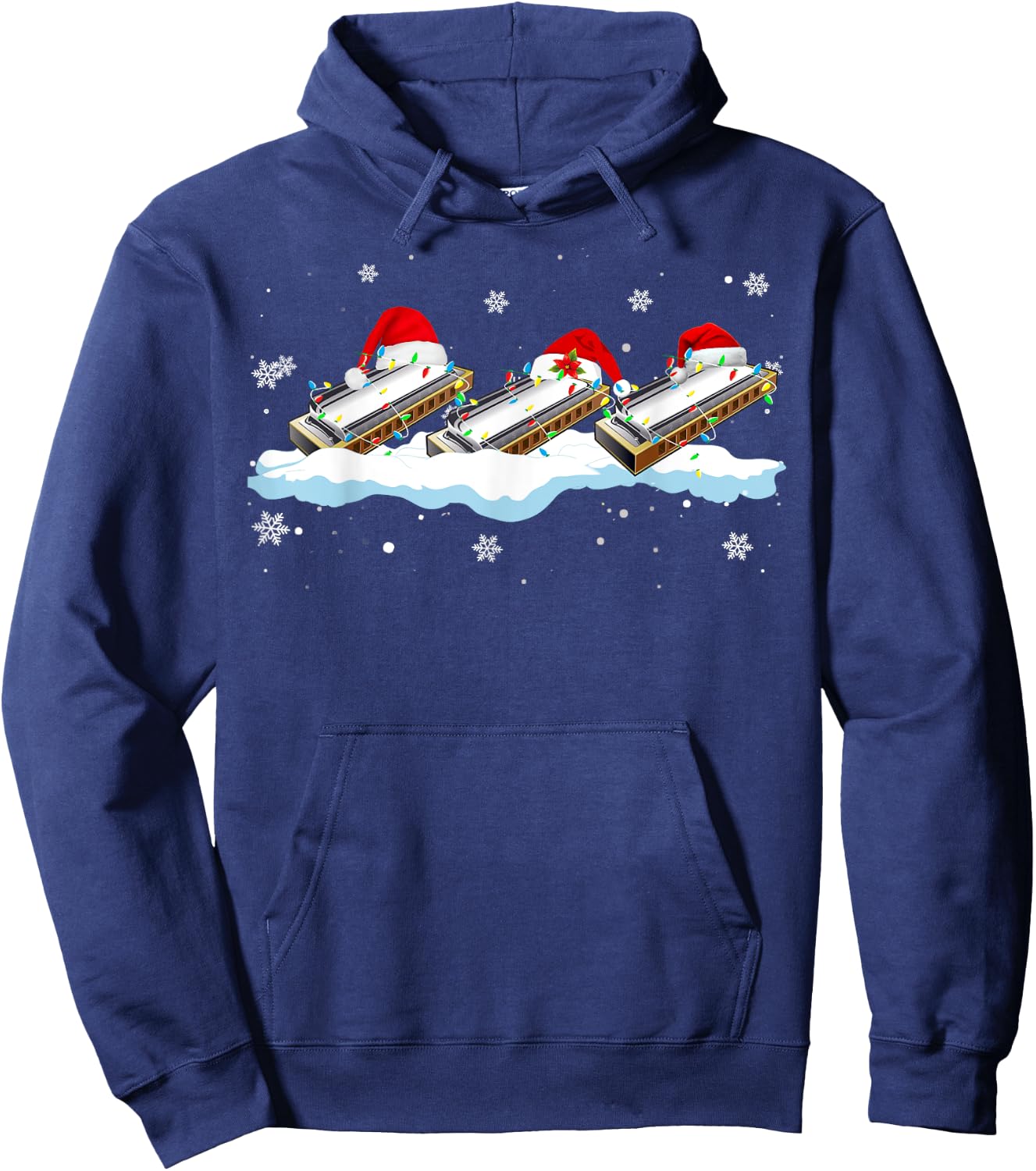 Santa Harmonica Christmas Lights Funny Harmonica Lover Gifts Hoodie - Hoodie | Navy