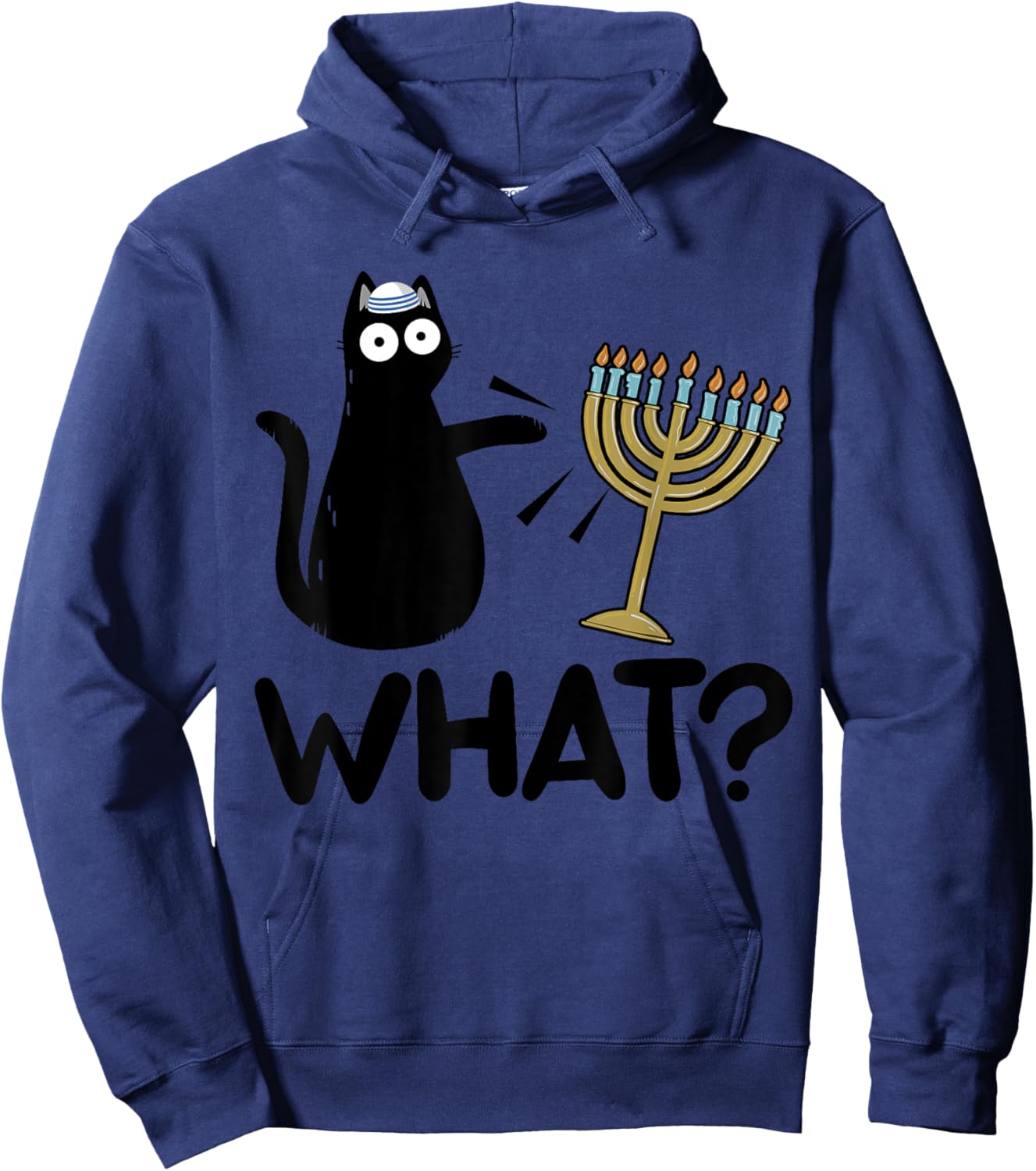 Hanukkah Cat Pushing Menorah Funny Jewish Cat What Hoodie - Hoodie | Navy