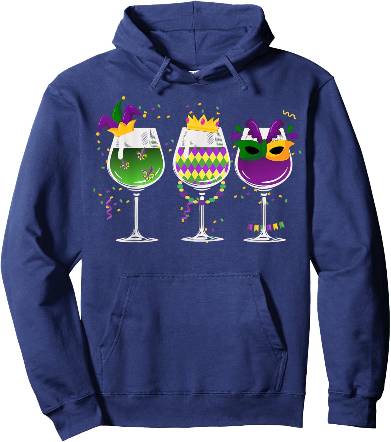 Funny Drinking Mardi Gras Glass Of Wine | Men Women Trendy Hoodie - Hoodie | Navy
