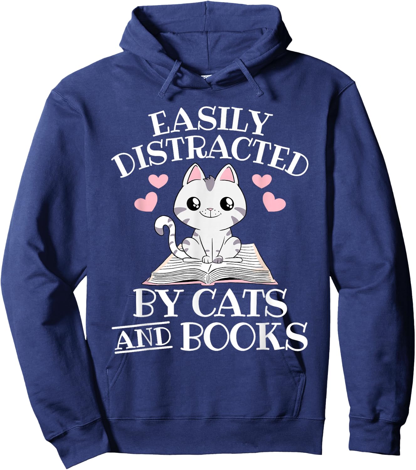 Easily Distracted By Cats And Books Funny Cat Book Lover Hoodie - Hoodie | Navy