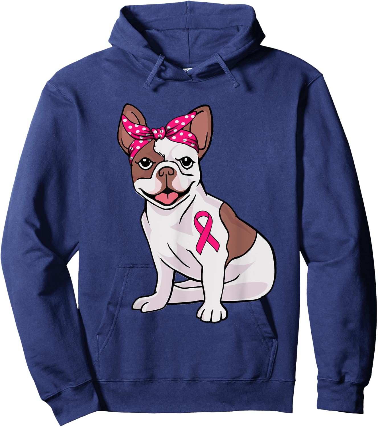 French Bulldog Pink Bandana Breast Cancer Awareness Cute Dog Hoodie - Hoodie | Navy