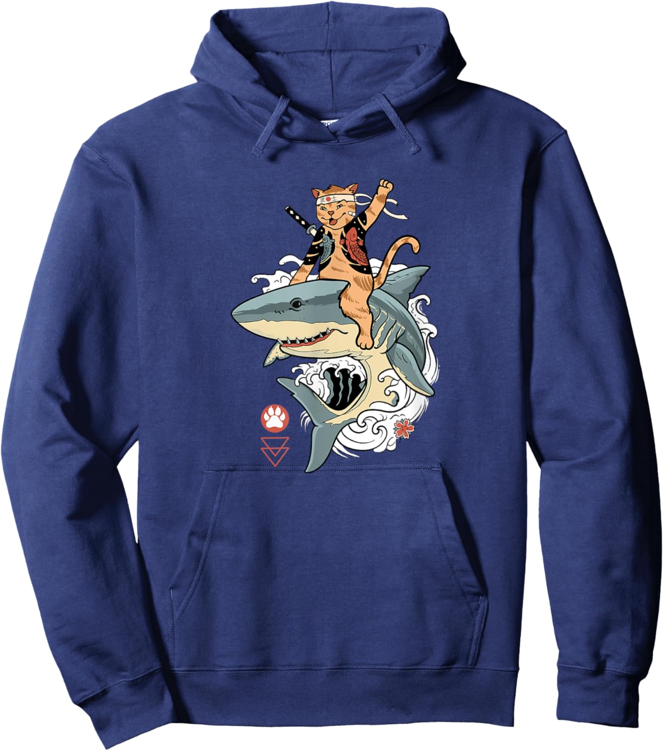 Samurai Cat Riding a Shark, Cat Warrior with Japanese Katana Men Women Hoodie - Hoodie | Navy