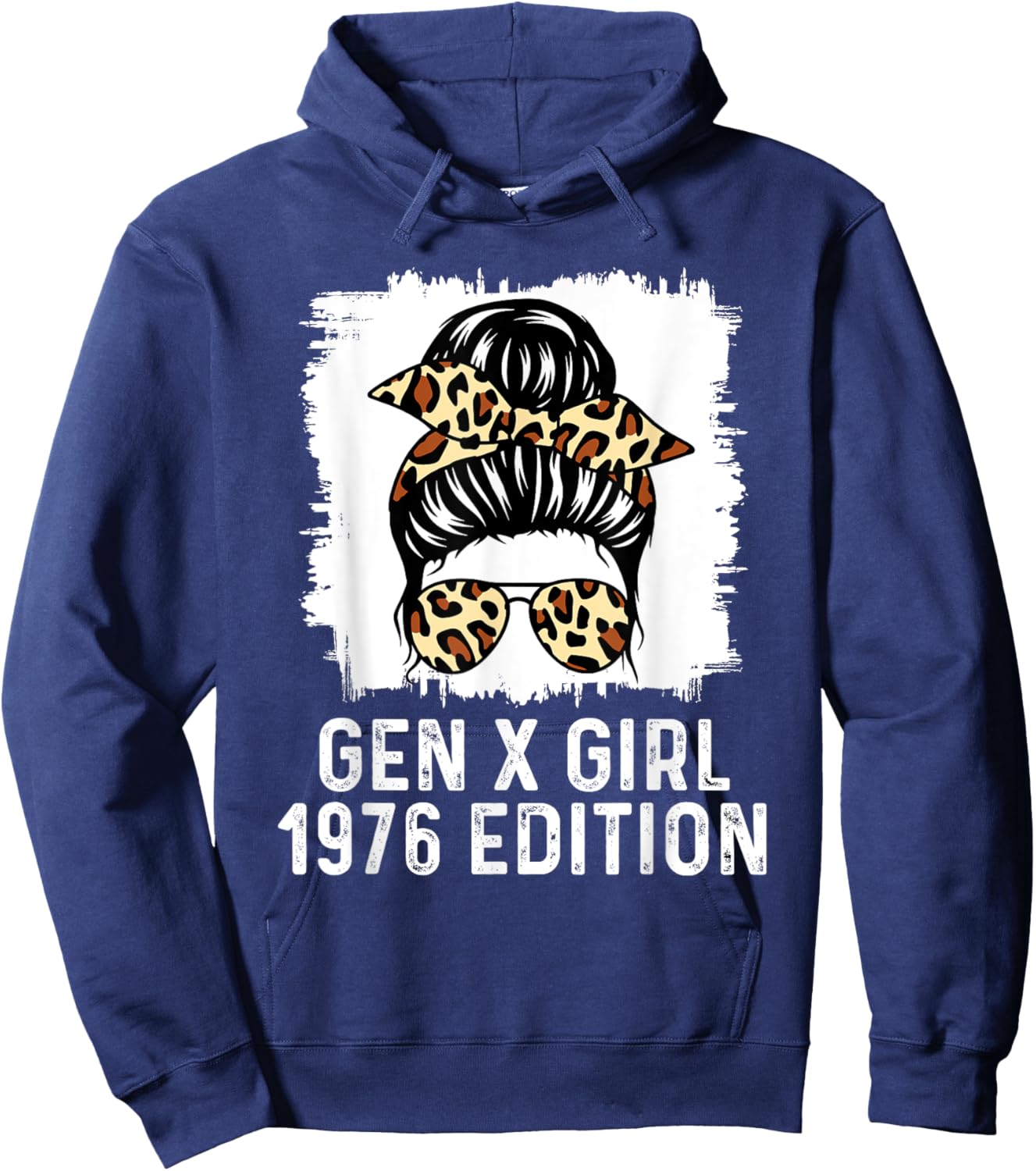Gen X Girl 1976 Edition Cheetah Messy Bun Birthday Hoodie - Hoodie | Navy