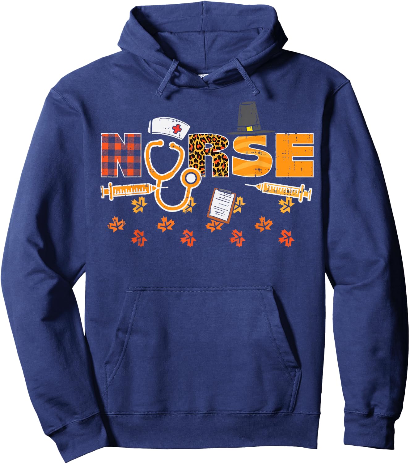 Thanksgiving Leopard Plaid Nurse Fall Scrub Top RN Men Women Hoodie - Hoodie | Navy