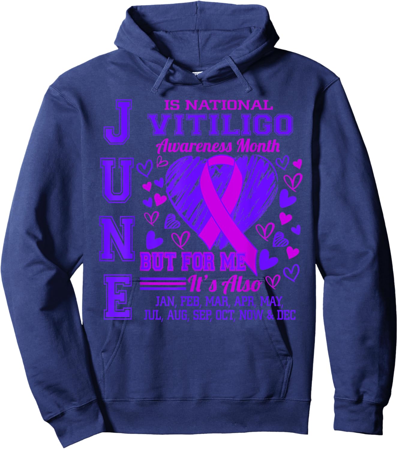 June is National Vitiligo Awareness Month Purple Ribbon Hoodie - Hoodie | Navy