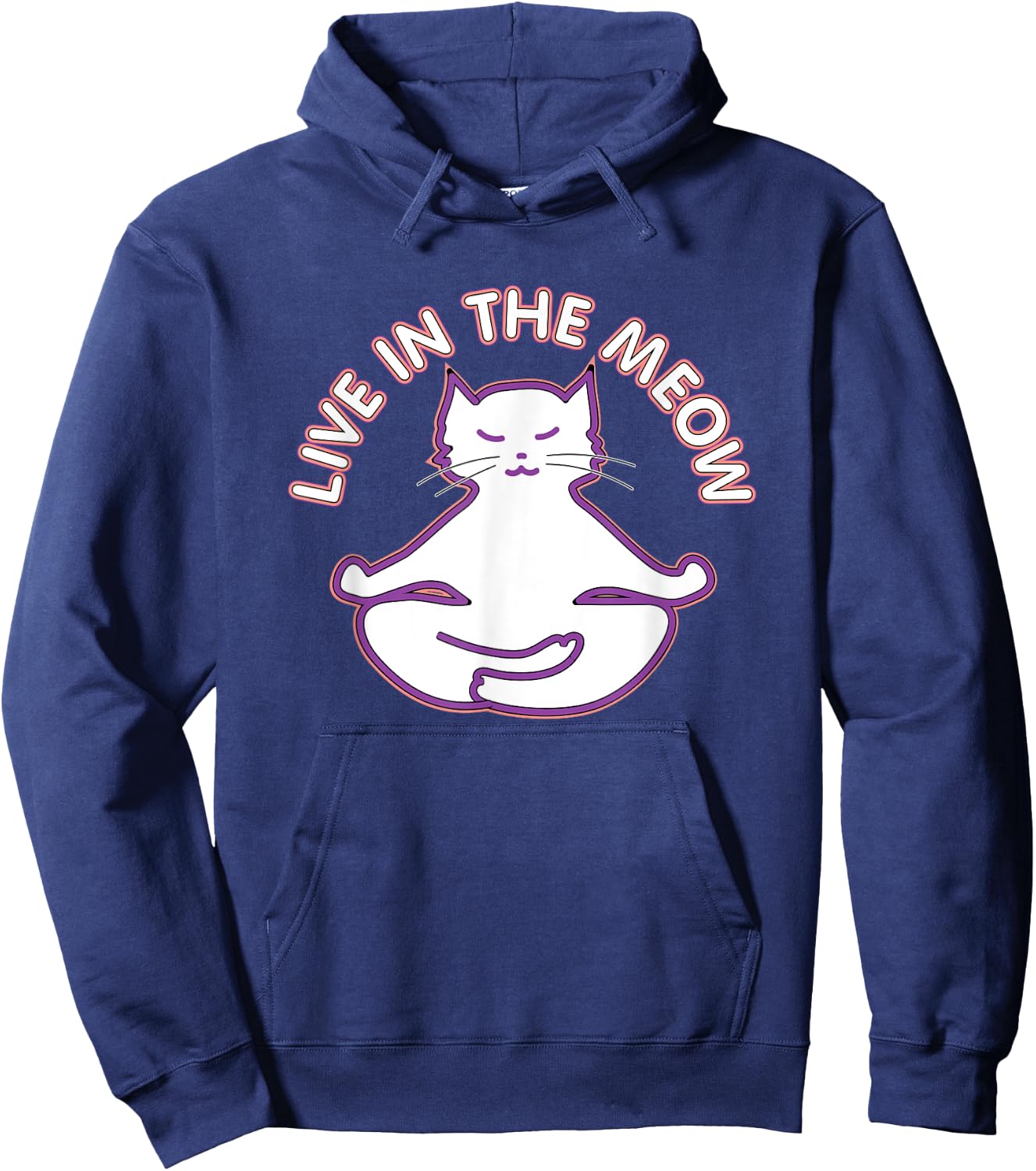 Yoga Teacher Gifts LAD Graphics Yoga Cat 'Live In The Meow' Yogi Kitty Meditation Black Women's Classic Fit Short Sleeve Hoodie - Hoodie | Navy