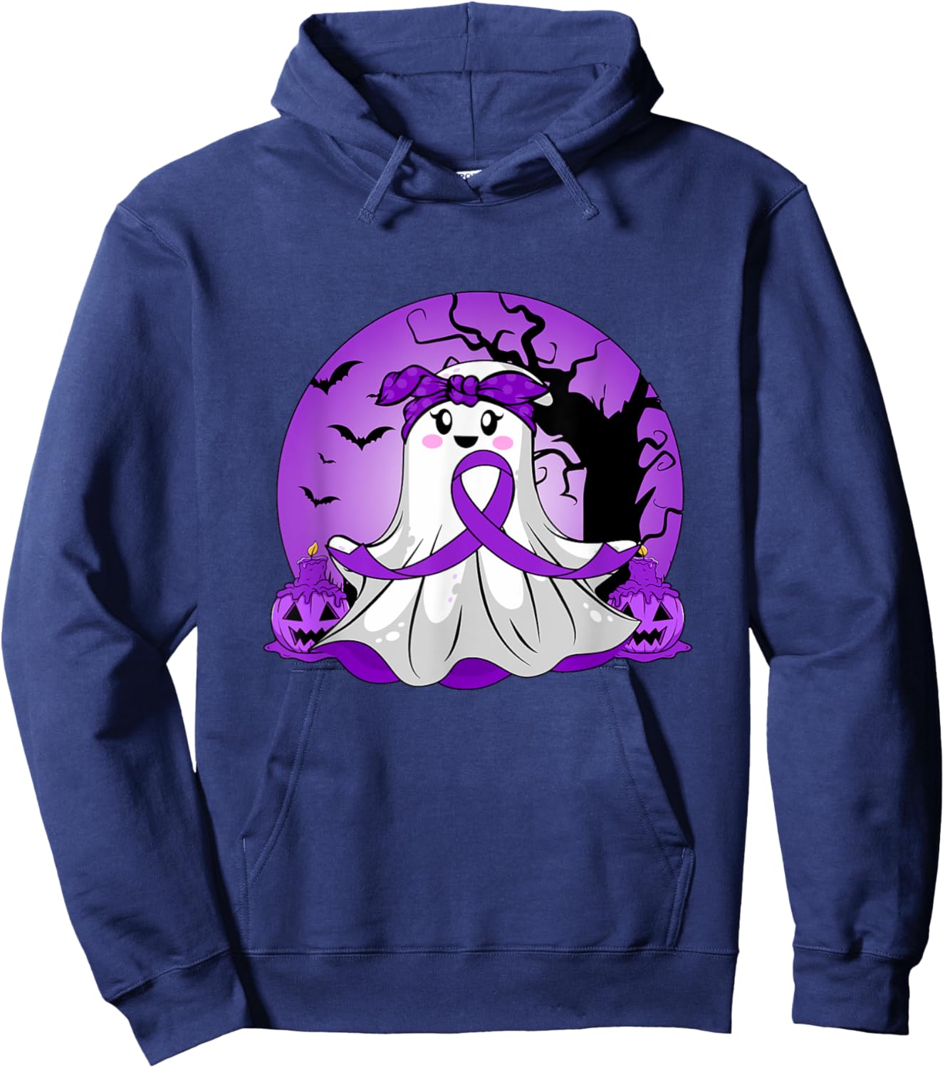 Pancreatic Cancer Halloween Ghost Purple Ribbon Awareness Hoodie - Hoodie | Navy