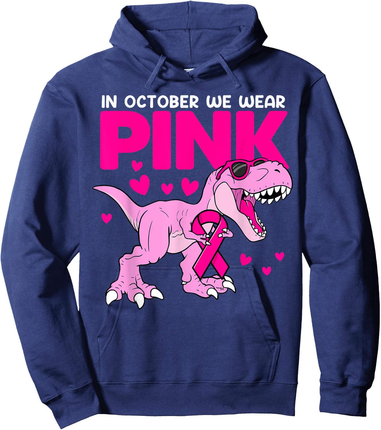 In October We Wear Pink Cute Dinosaur Breast Cancer Boys Hoodie - Hoodie | Navy