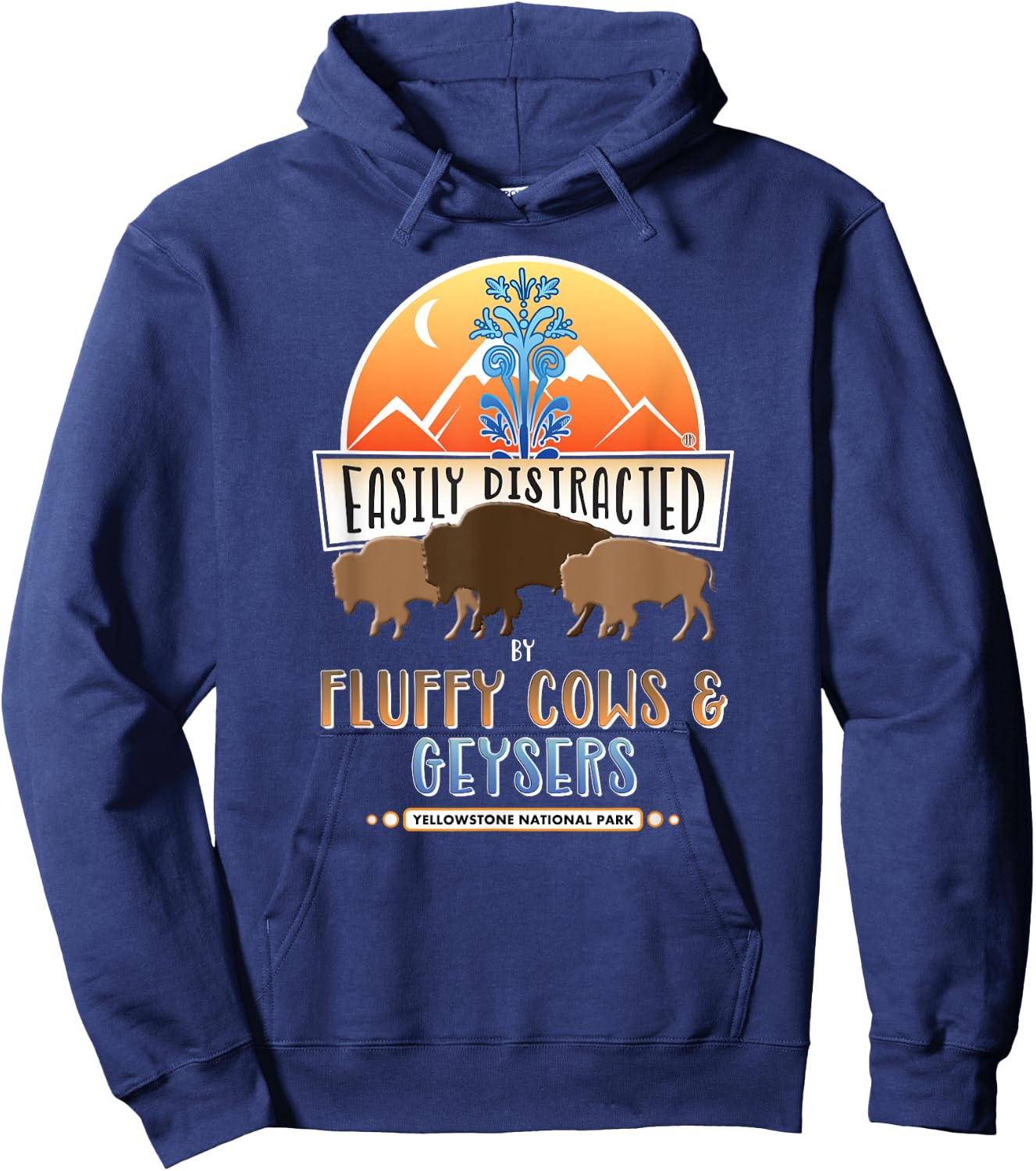 Yellowstone Fluffy Cow Bison & Old Faithful Geyser Hoodie - Hoodie | Navy