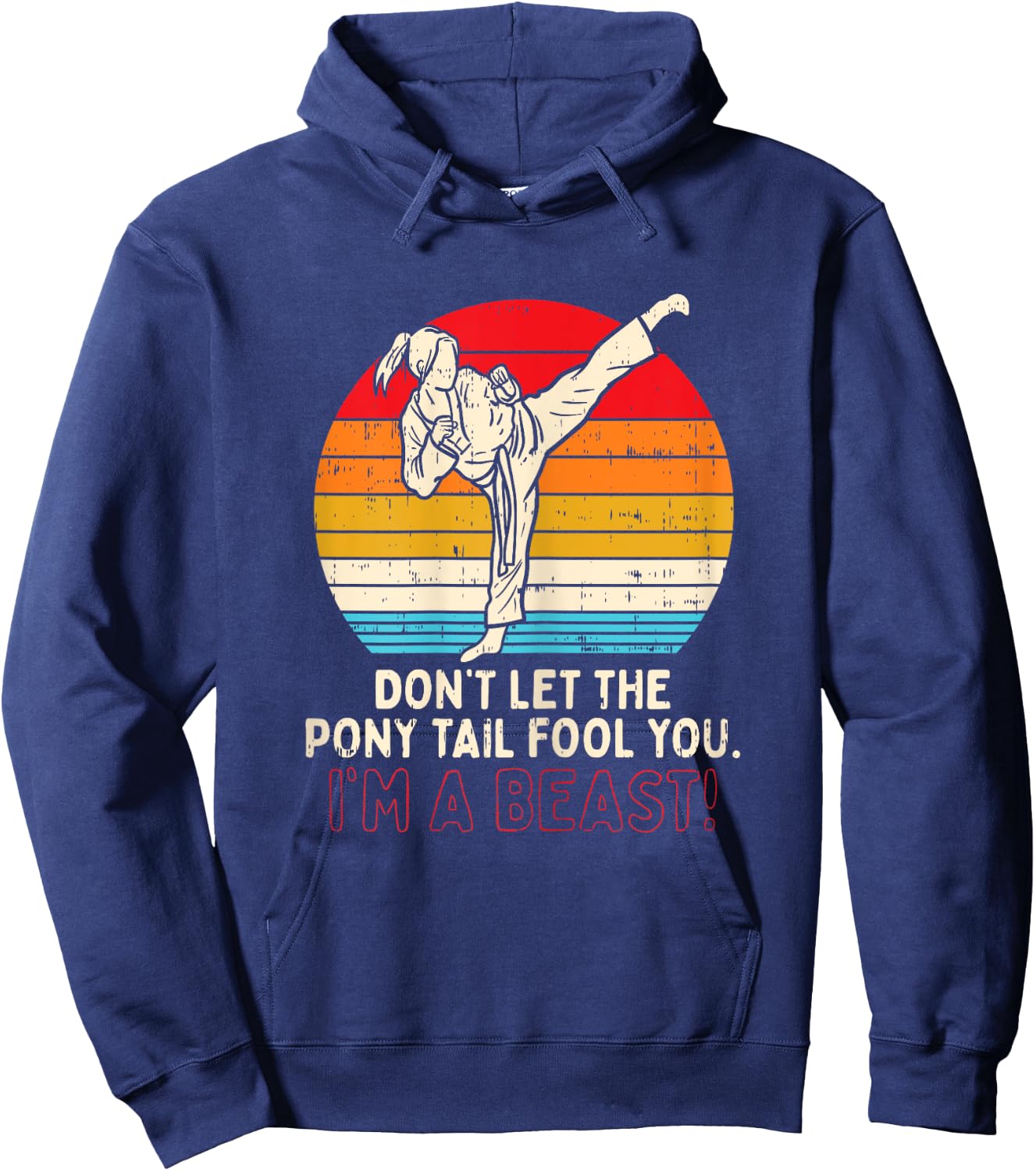 BoredKoalas Dont Let Ponytail Fool You Girl Kick Karate - Black, X-Small Hoodie - Hoodie | Navy