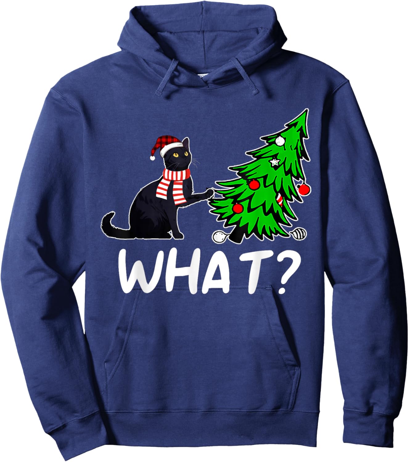 Funny Black Cat Gift Pushing Christmas Tree Over Cat What? Hoodie - Hoodie | Navy