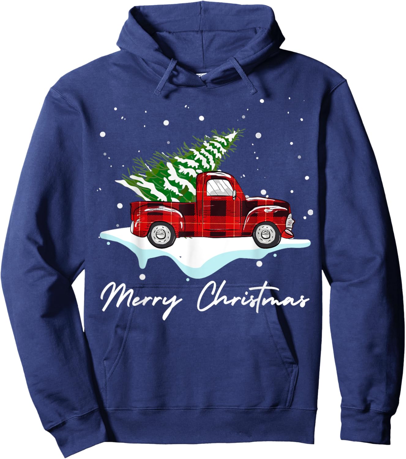 Buffalo Red Plaid Pickup Truck and Tree Snow Merry Christmas Hoodie - Hoodie | Navy