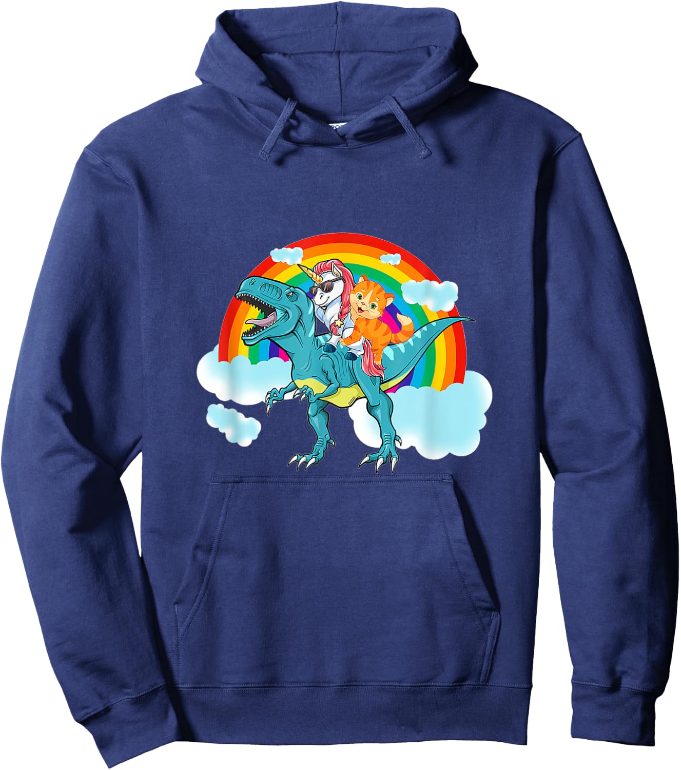 Unicorn Riding Dinosaur Rex Cat Kitten Boys Girls Kids Hoodie - Hoodie | Navy
