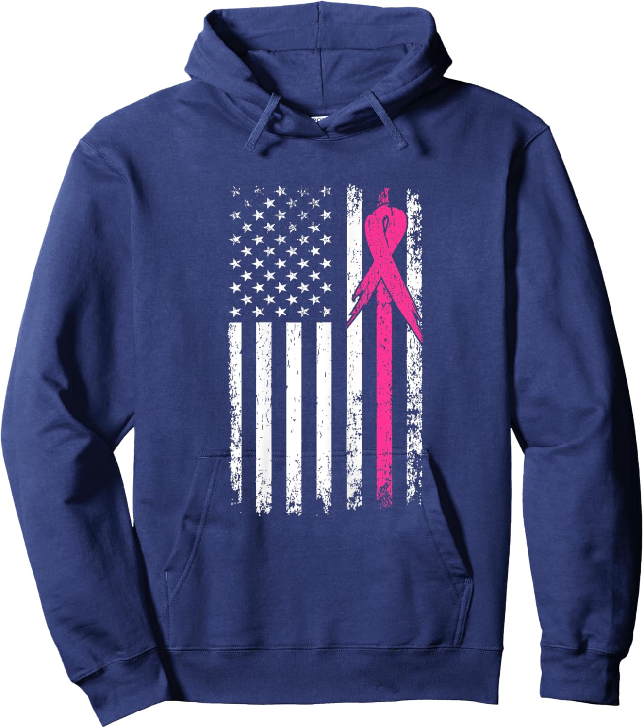 American Flag Pink Ribbon Breast Cancer Awareness Month Women Hoodie - Hoodie | Navy