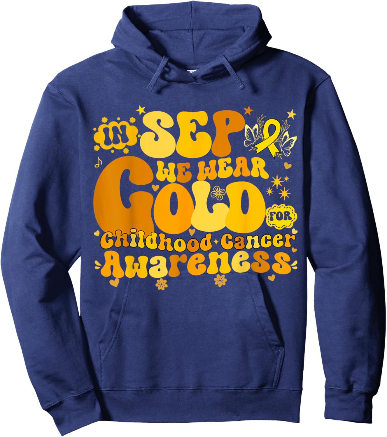 In September We Wear Gold Childhood Cancer Awareness Groovy Hoodie - Hoodie | Navy