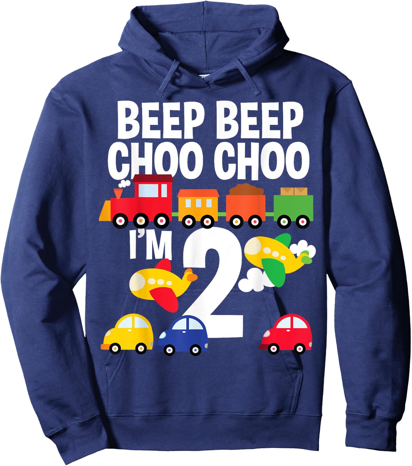 I'm 2 Birthday Boy 2nd Bday Trains Cars Airplanes Hoodie - Hoodie | Navy