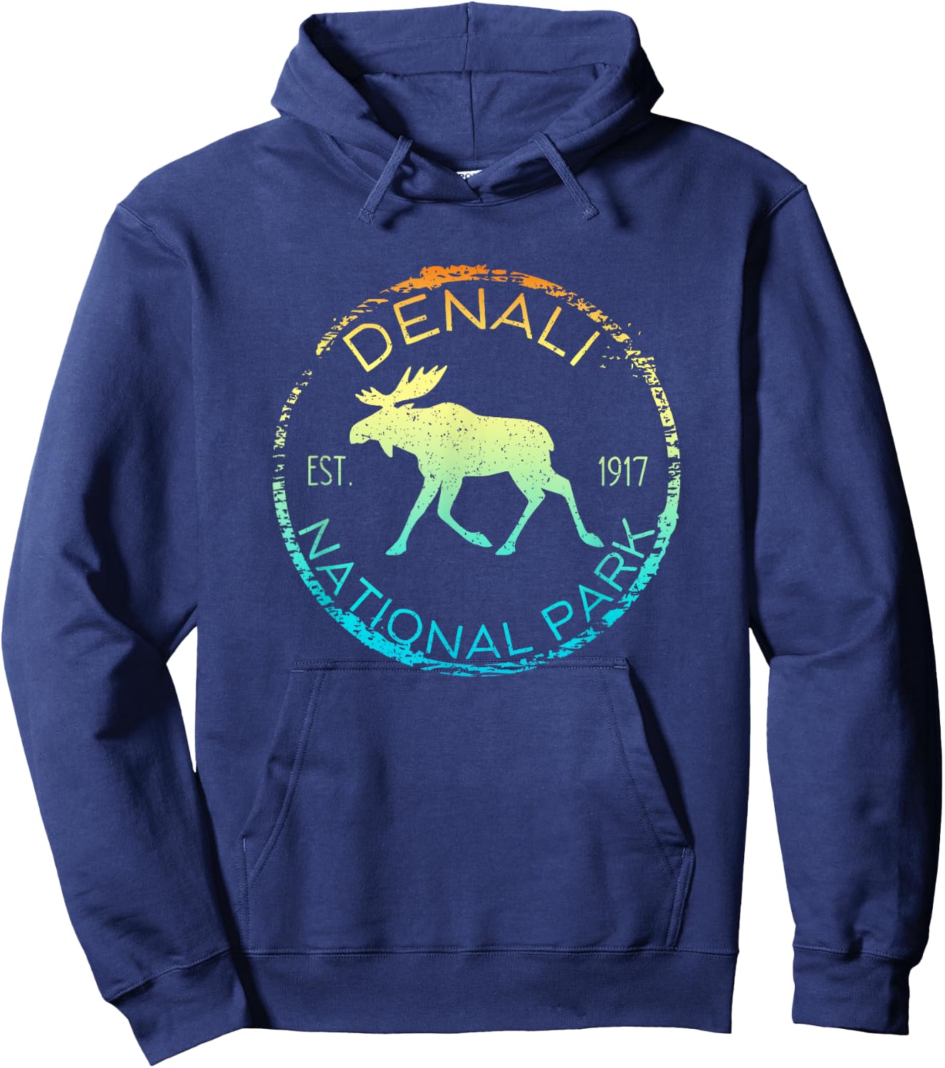 Denali National Park Alaska Retro Moose Hiker Souvenir Hoodie - Hoodie | Navy