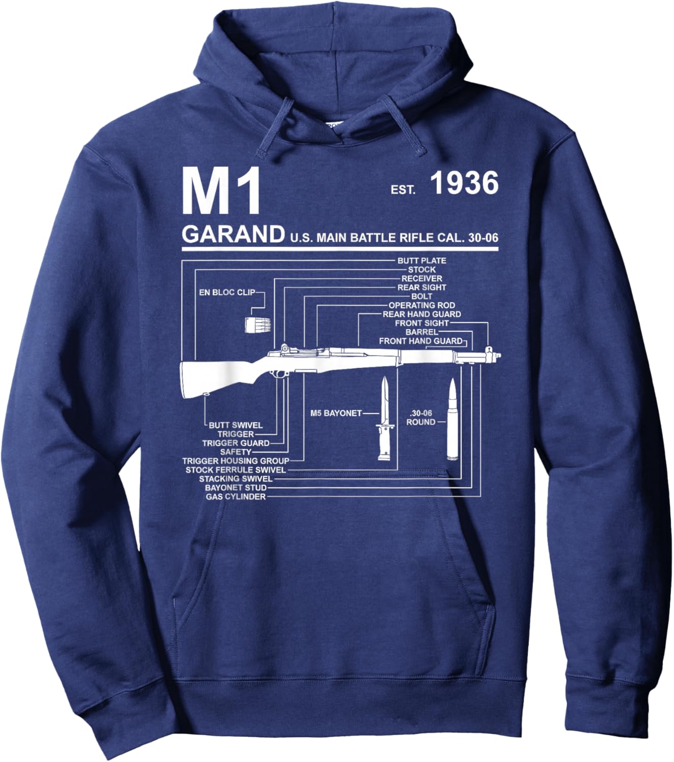 Dinosaurus Rekx M1 Garand Rifle Gun WWII Graphic - Black, , Short Sleeve, Classic Fit, Cotton 65% Polyester 35%, Small Hoodie - Hoodie | Navy