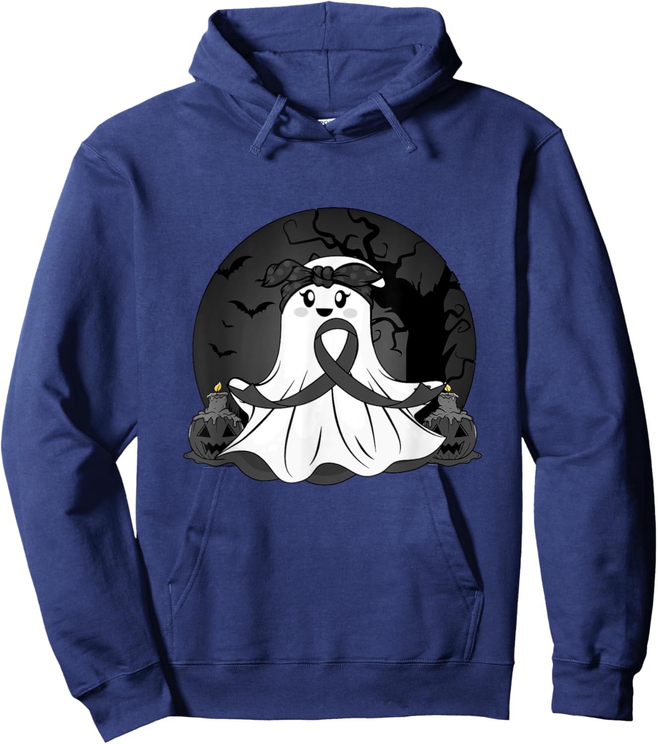 Melanoma Cancer Halloween Ghost Black Ribbon Warrior Month Hoodie - Hoodie | Navy