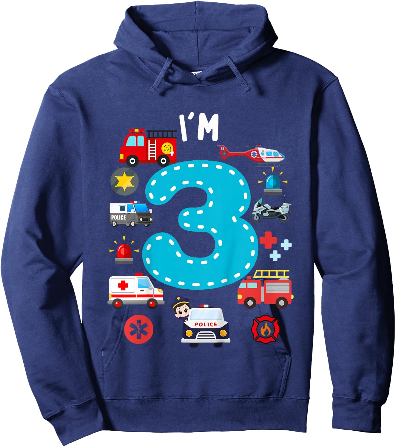 Kids 3rd Birthday Emergency Vehicles Boys 3Years Old Toddler Kids Hoodie - Hoodie | Navy