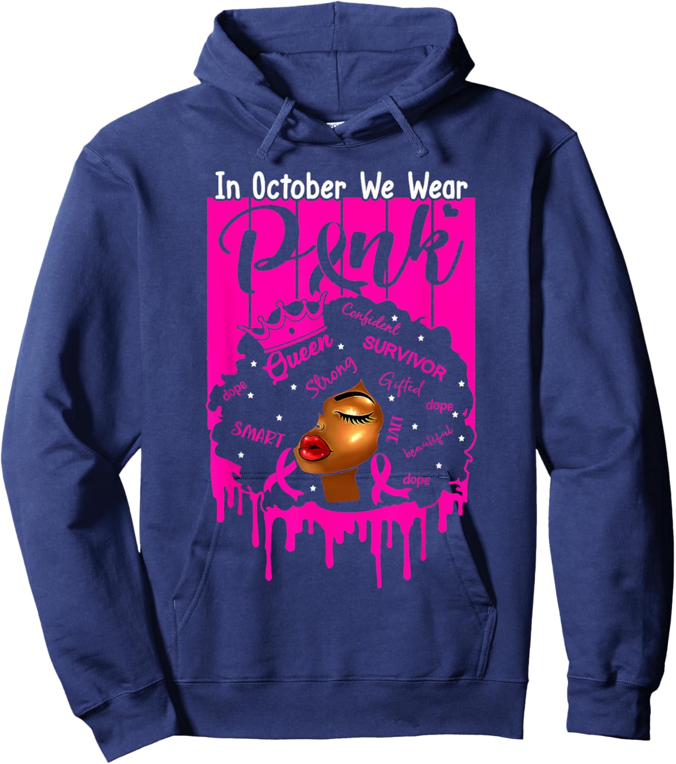 In October We Wear Pink Black Women Breast Cancer Awareness Hoodie - Hoodie | Navy