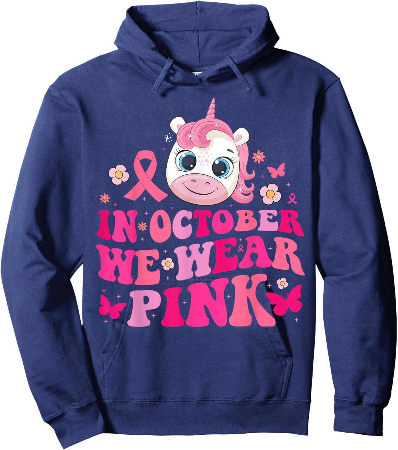 In October We Wear Pink Unicorn Breast Cancer Awareness Kids Hoodie - Hoodie | Navy