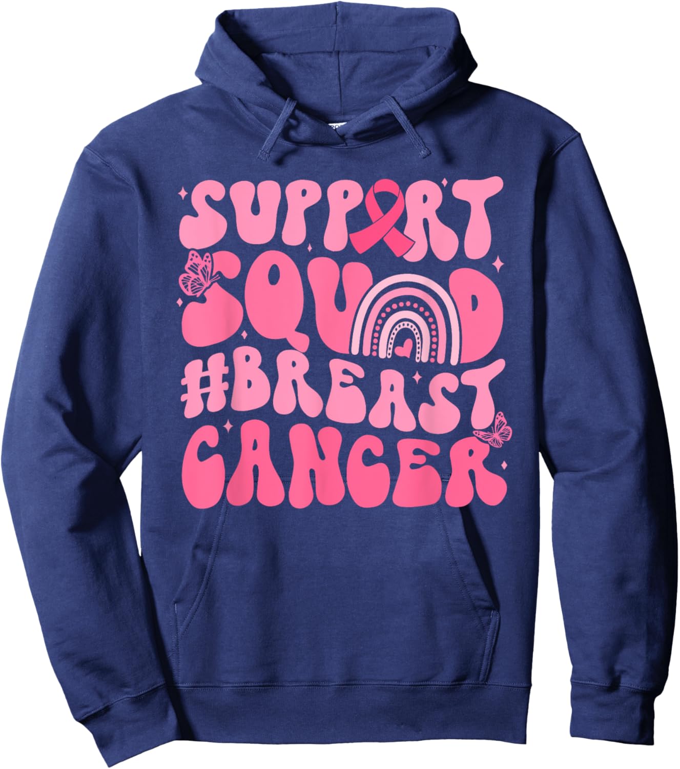 Boho Groovy Pink Rainbow Breast Cancer Support Squad Hoodie - Hoodie | Navy
