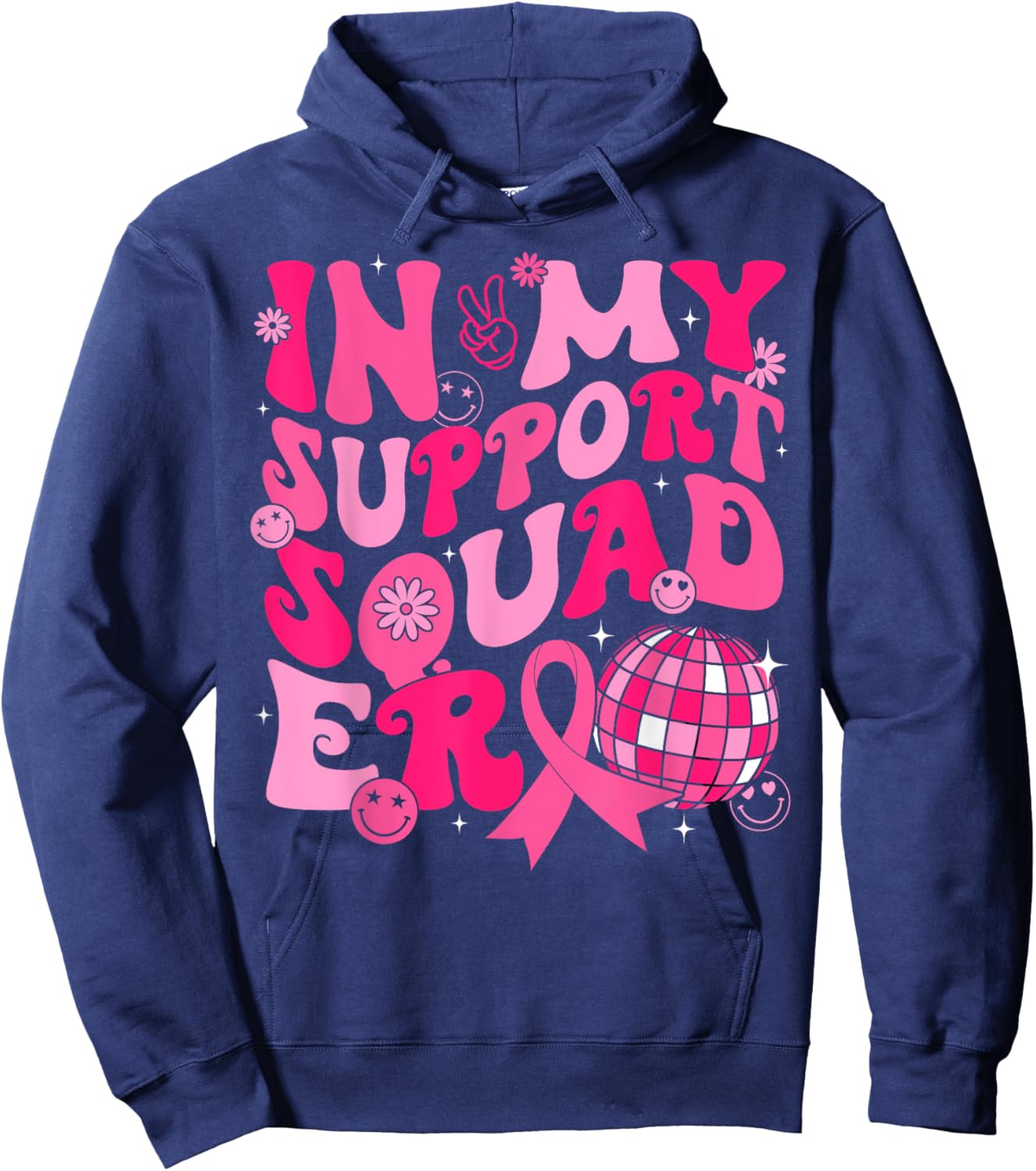 In My Support Squad Era Groovy Breast Cancer Awareness Hoodie - Hoodie | Navy