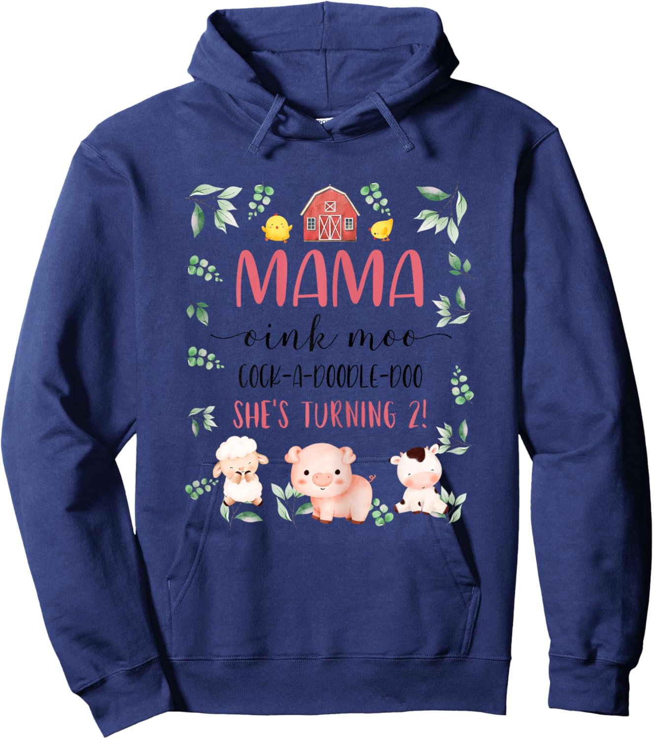Mama Mom 2nd Birthday Oink Moo Cockadoodle Doo Second Bday Hoodie - Hoodie | Navy