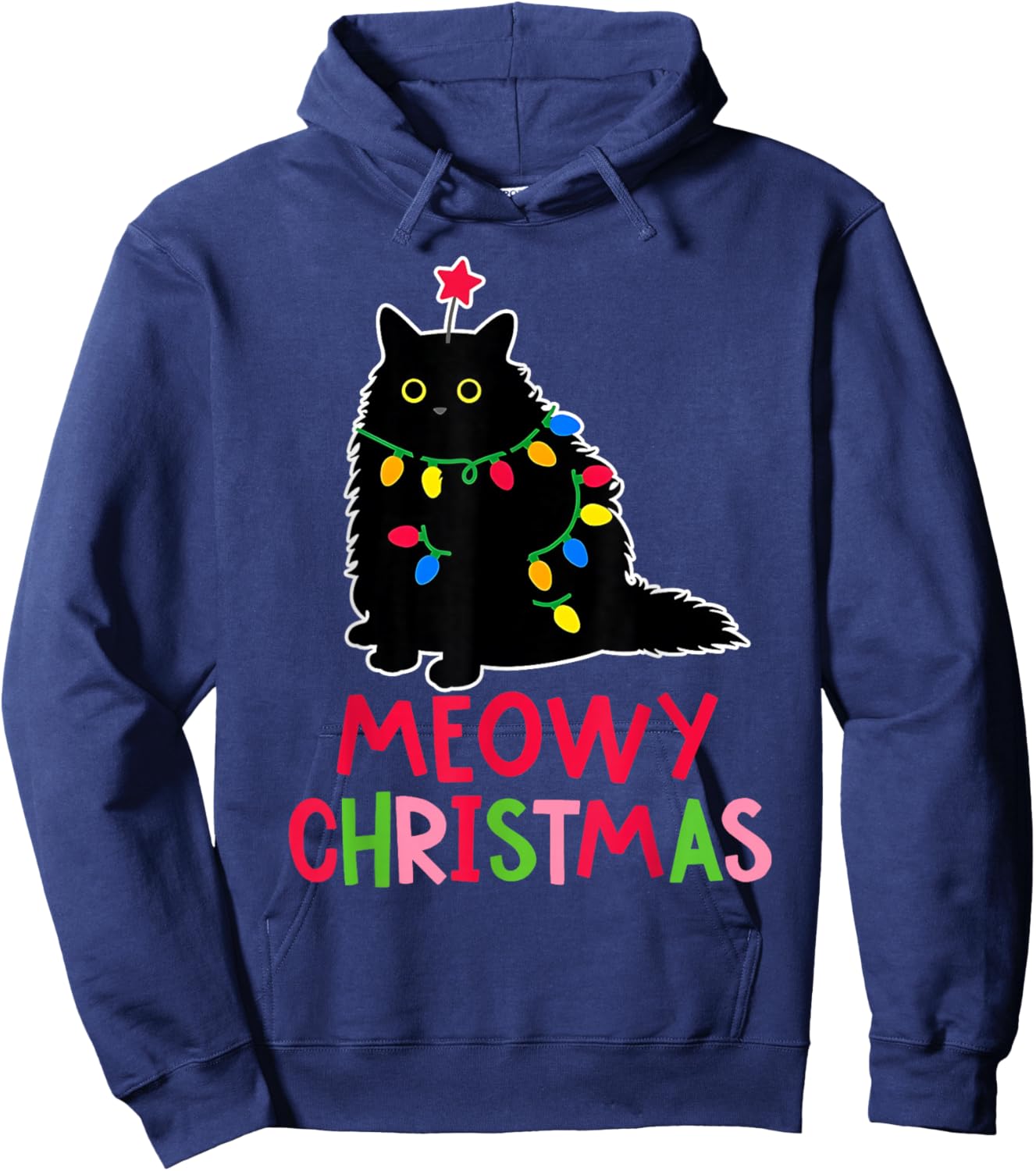 Meowy Christmas Xmas Lights Black Cat Pajamas Family Funny Hoodie - Hoodie | Navy