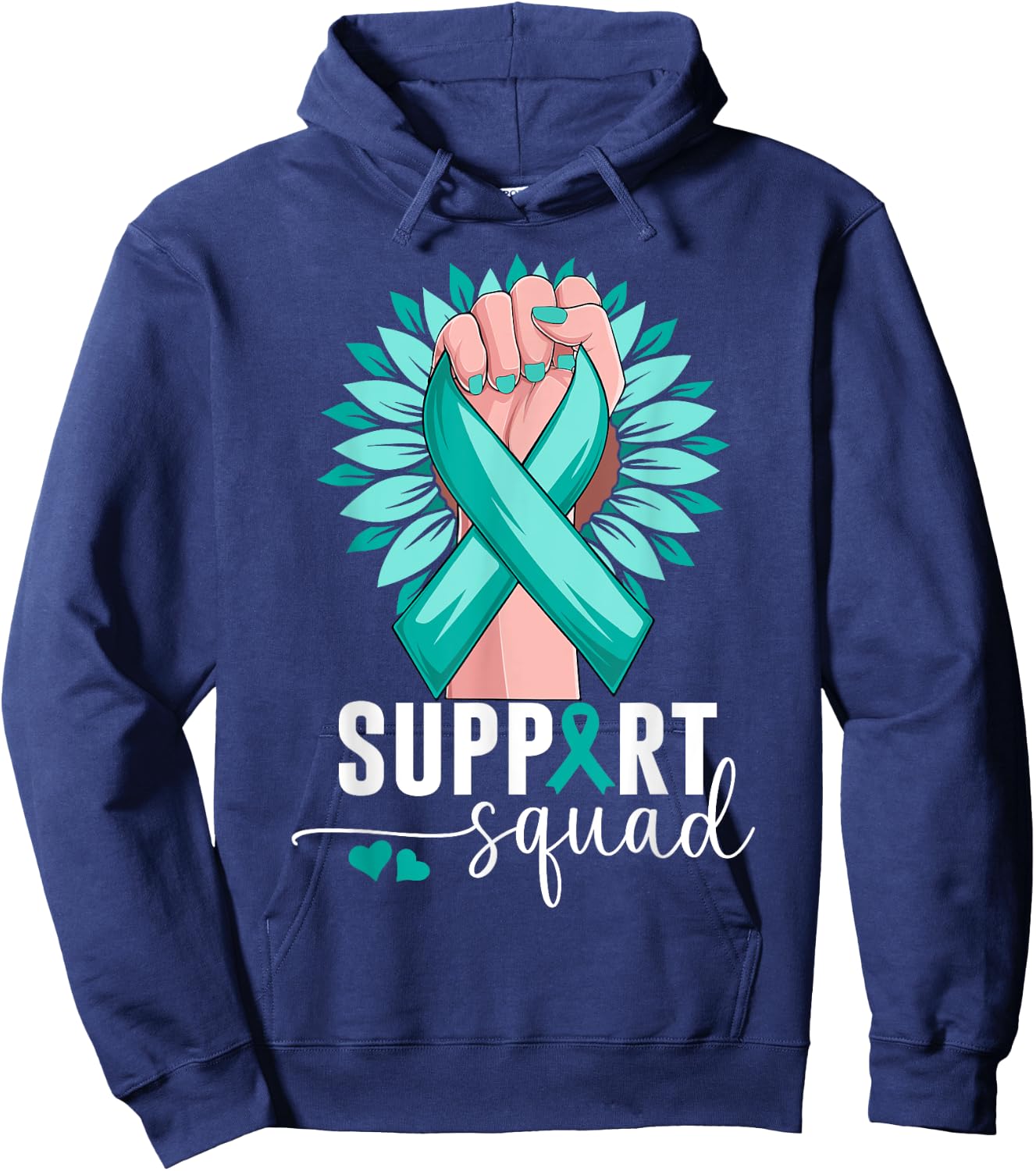 Support Squad Cervical Cancer Awareness Teal & White Ribbon Hoodie - Hoodie | Navy