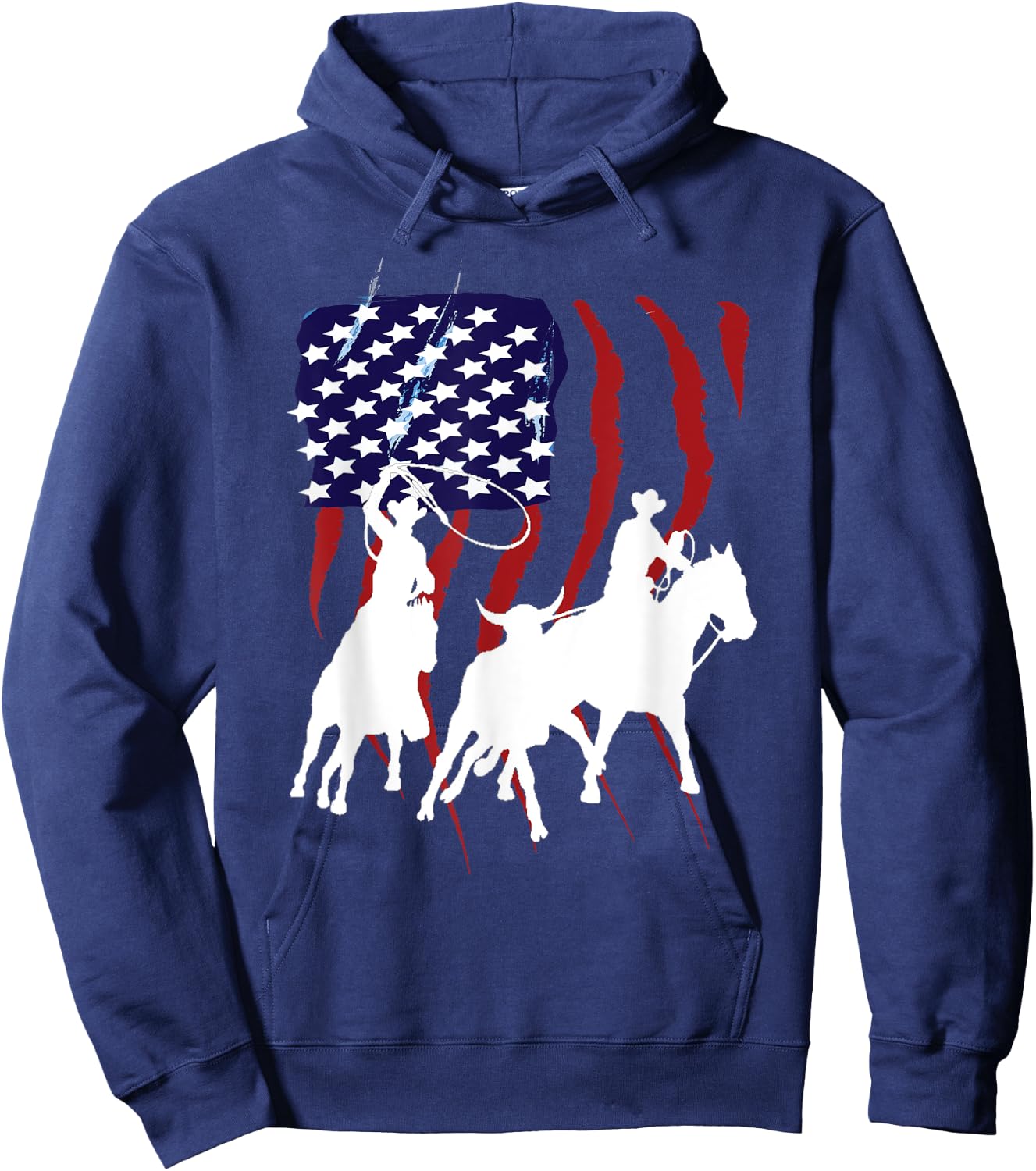 Rodeo Team Roping Distressed Grunge Cowboy American Flag Hoodie - Hoodie | Navy