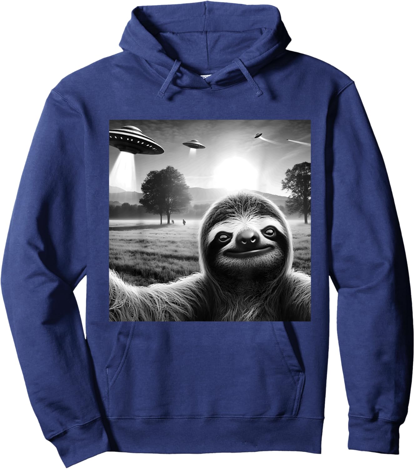Sloth Funny Graphic Selfie with UFOs Weird Aliens Hoodie - Hoodie | Navy