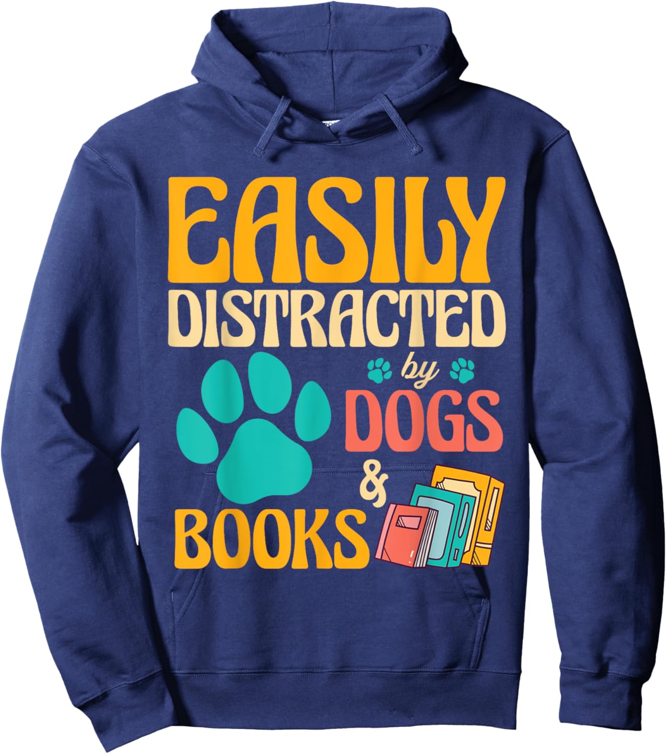 Vintage Library Easily Distracted by Books and Dogs Hoodie - Hoodie | Navy