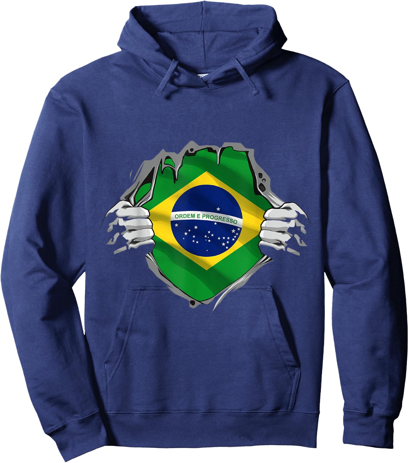 Superhero Brazil Flag Brazilian Hands Opening Shirt Chest Hoodie - Hoodie | Navy