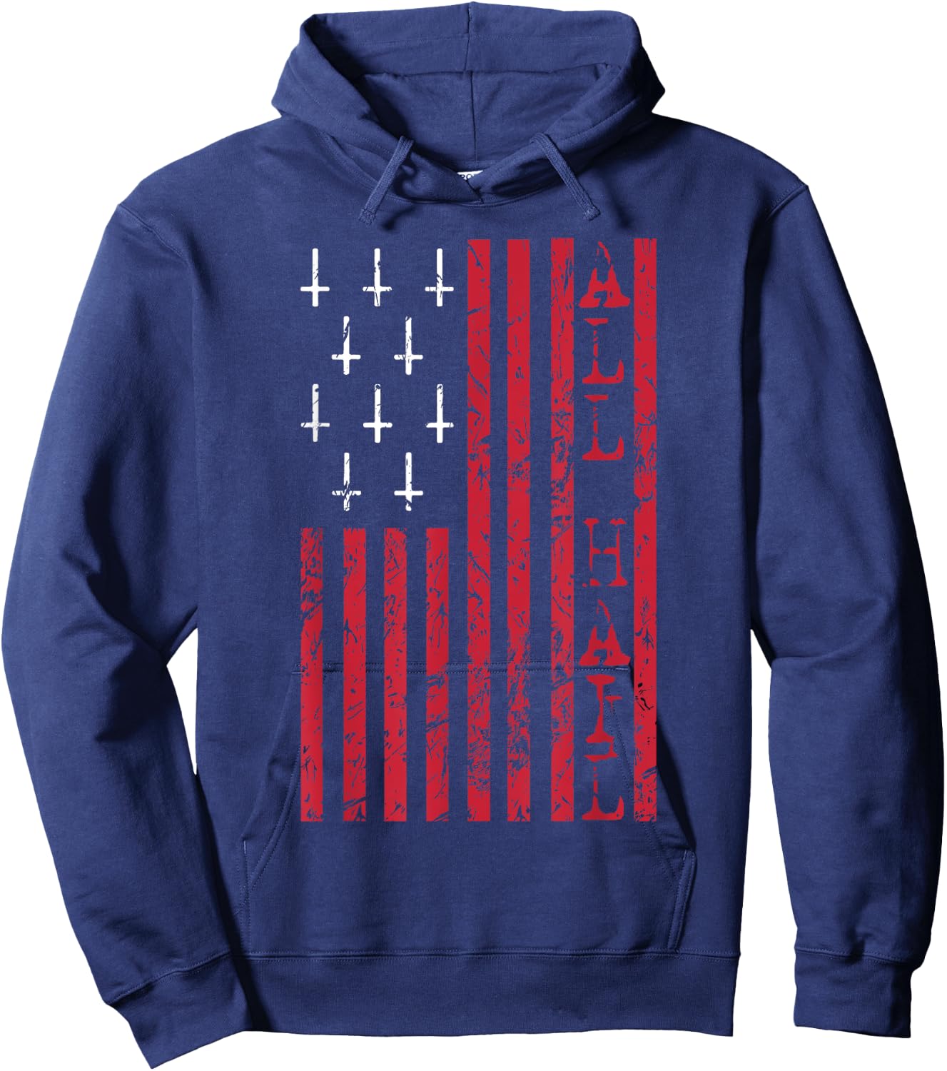 Upside Down Cross Occult American Flag All Hail Satanic Hoodie - Hoodie | Navy